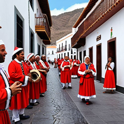 Home 15 ** A vibrant street scene in a Canarian town. Feature Spanish-style architecture, people dressed in festive clothing celebrating a Catholic holiday, and subtle Latin American musical instruments in the background. Capture a sense of the blending of Spanish and Latin American cultures.
**