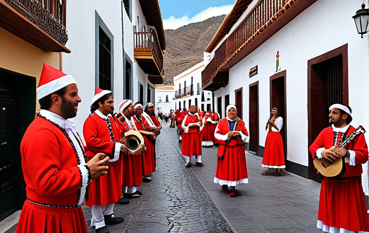 ** A vibrant street scene in a Canarian town. Feature Spanish-style architecture, people dressed in festive clothing celebrating a Catholic holiday, and subtle Latin American musical instruments in the background. Capture a sense of the blending of Spanish and Latin American cultures.

**