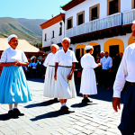A group of professional Canarian folk dancers of various ages, including youthful and elderly participants, performing a traditional "Folía" dance outdoors in a vibrant village square during a sunny festival. They are all fully clothed in modest and authentic traditional attire; men wear white shirts, dark trousers, and colorful sashes, while women wear long, brightly colored, flowing dresses. The atmosphere is joyous and celebratory, with a blurred, appreciative crowd in the background. Professional photography, high detail, perfect anatomy, correct proportions, natural pose, well-formed hands, proper finger count, natural body proportions, safe for work, appropriate content, family-friendly.