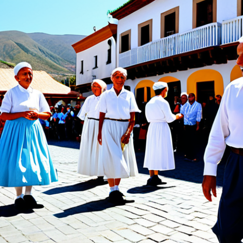 Home 14 A group of professional Canarian folk dancers of various ages, including youthful and elderly participants, performing a traditional "Folía" dance outdoors in a vibrant village square during a sunny festival. They are all fully clothed in modest and authentic traditional attire; men wear white shirts, dark trousers, and colorful sashes, while women wear long, brightly colored, flowing dresses. The atmosphere is joyous and celebratory, with a blurred, appreciative crowd in the background. Professional photography, high detail, perfect anatomy, correct proportions, natural pose, well-formed hands, proper finger count, natural body proportions, safe for work, appropriate content, family-friendly.