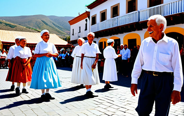 A group of professional Canarian folk dancers of various ages, including youthful and elderly participants, performing a traditional "Folía" dance outdoors in a vibrant village square during a sunny festival. They are all fully clothed in modest and authentic traditional attire; men wear white shirts, dark trousers, and colorful sashes, while women wear long, brightly colored, flowing dresses. The atmosphere is joyous and celebratory, with a blurred, appreciative crowd in the background. Professional photography, high detail, perfect anatomy, correct proportions, natural pose, well-formed hands, proper finger count, natural body proportions, safe for work, appropriate content, family-friendly.