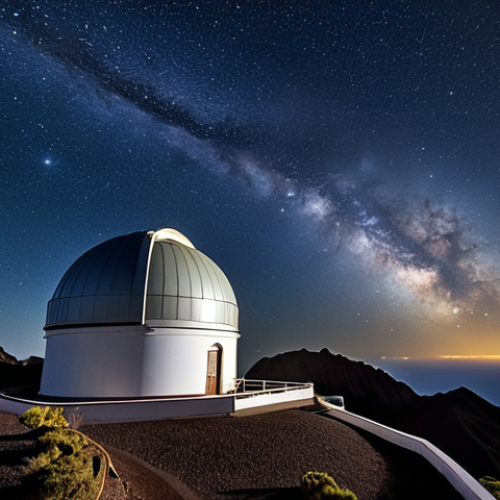Home 7 **
"Scenic view of La Palma's night sky with the Roque de los Muchachos Observatory in the foreground, stars and Milky Way visible, fully clothed tourists admiring the view, safe for work, appropriate content, professional astronomy photography, perfect anatomy, natural proportions, family-friendly"
**