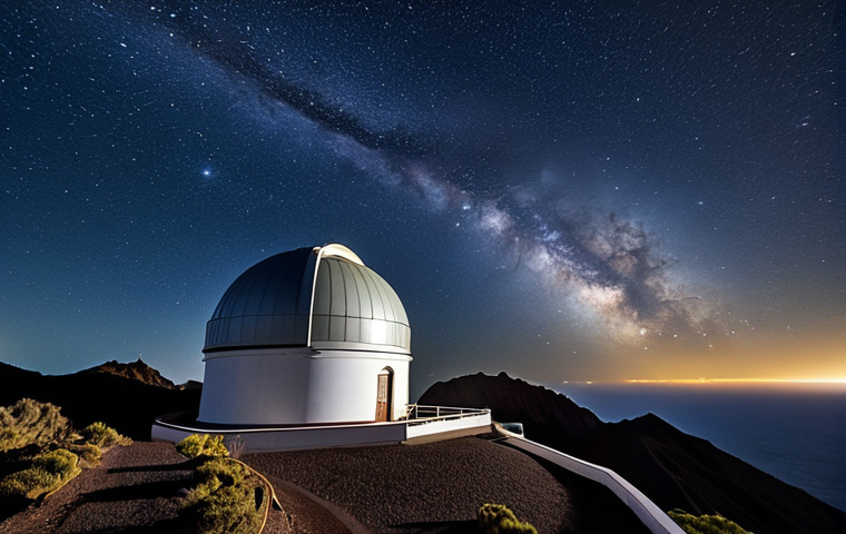 **

"Scenic view of La Palma's night sky with the Roque de los Muchachos Observatory in the foreground, stars and Milky Way visible, fully clothed tourists admiring the view, safe for work, appropriate content, professional astronomy photography, perfect anatomy, natural proportions, family-friendly"

**