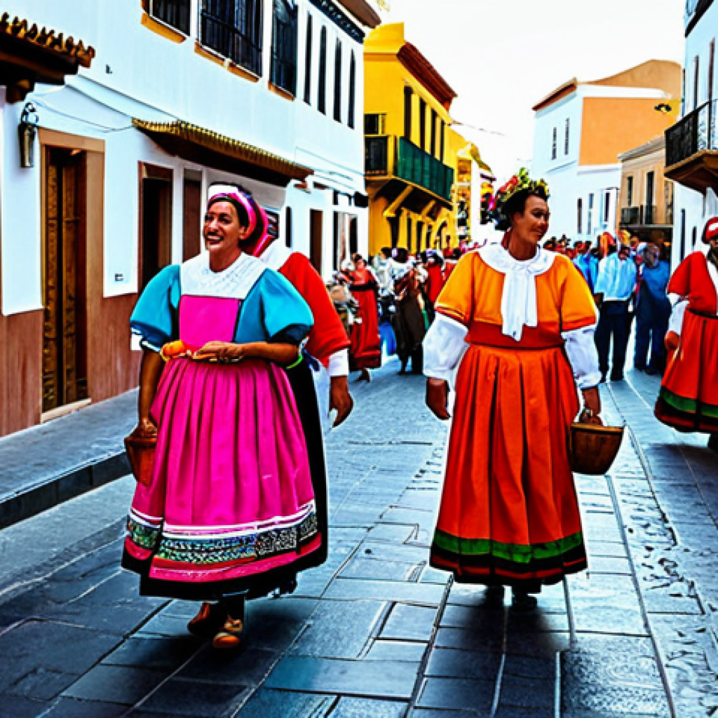 **

"A vibrant street scene in a historic Canarian town. People are fully clothed in traditional, colorful attire, celebrating a local festival with music and dance. Safe for work, appropriate content, professional photography, perfect anatomy, natural proportions, family-friendly, modest clothing."

**