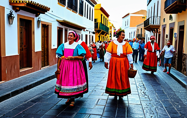 **

"A vibrant street scene in a historic Canarian town. People are fully clothed in traditional, colorful attire, celebrating a local festival with music and dance. Safe for work, appropriate content, professional photography, perfect anatomy, natural proportions, family-friendly, modest clothing."

**